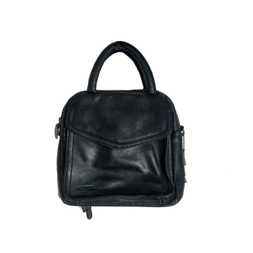 Vintage Fossil Genuine Leather Black Portfolio Convertible Crossbody Mini Bag